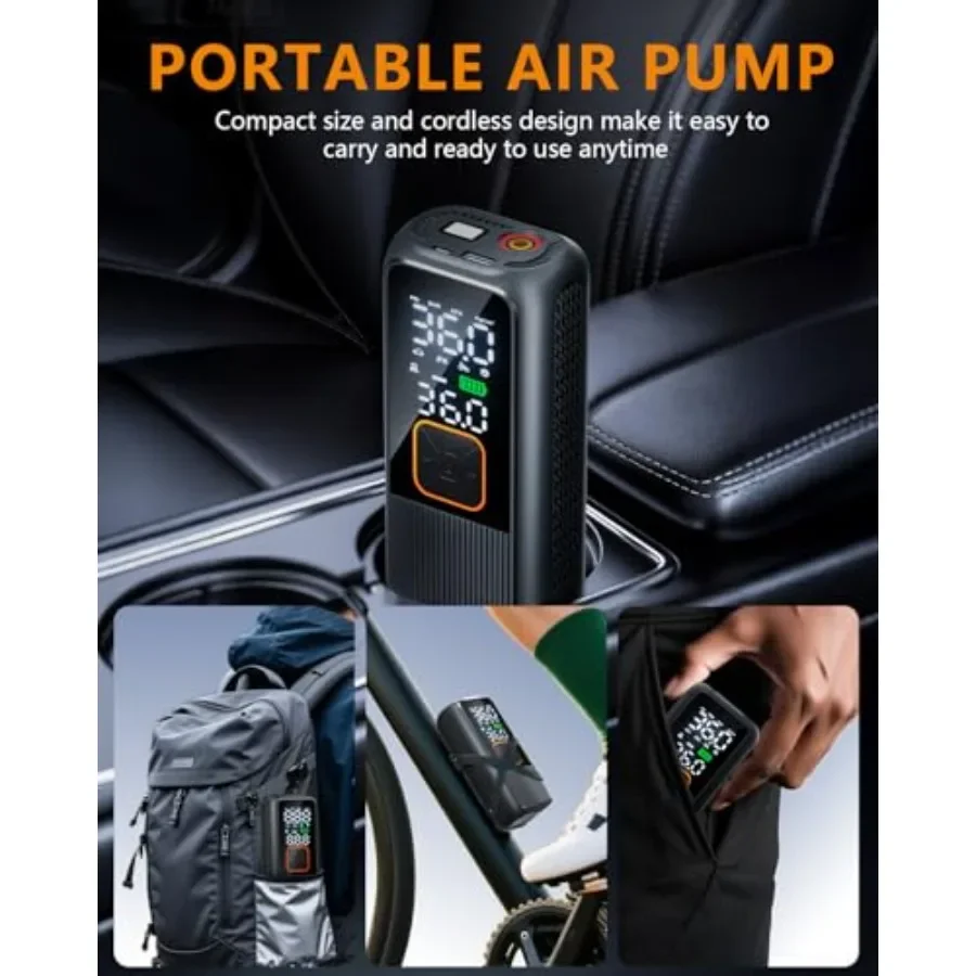 ضاغط هواء محمول لإطارات السيارات مضخة هواء لاسلكية 150 رطل لكل بوصة مربعة مع مقياس ضغط رقمي وميزة إيقاف تلقائي ذكي بإضاءة LED