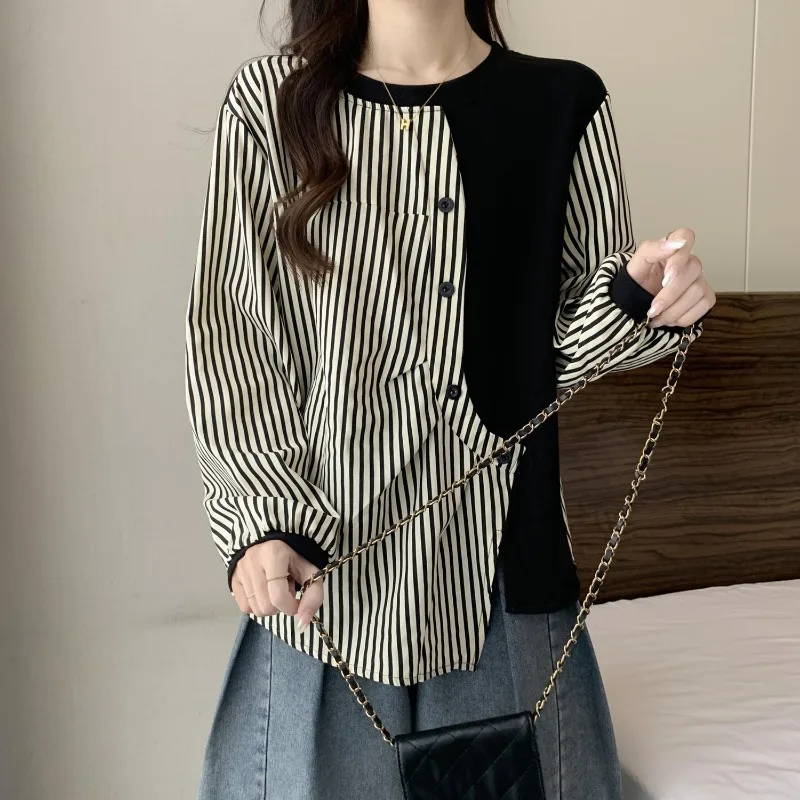 

Fake Two-piece Striped Splicing Shirt Long Sleeve Contrasting Color New Women's Loose Slim Autumn Top