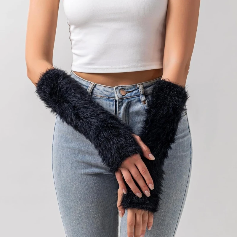 1pairs Women Winter Arm Sleeves Warmers Japanese Harajuku Y2k Arm Warmer for Girls Velvet Fingerless Gloves Knitted Arm Sleeve image 6