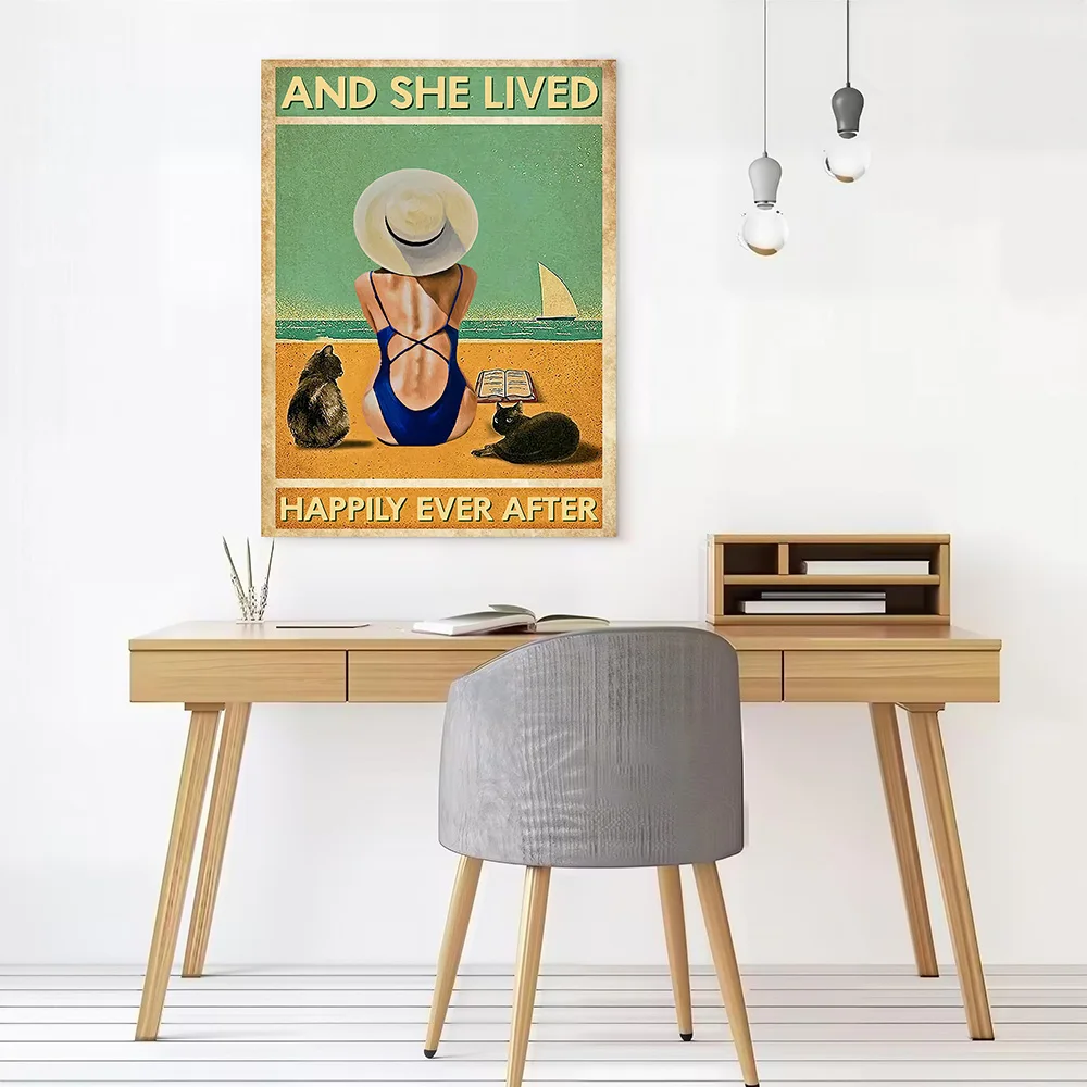 Cat And She Lived Happily Poster Canvas Wall Art Custom Photo Print Modern Painting for Fans Bedroom Gamer Decoration Home Decor