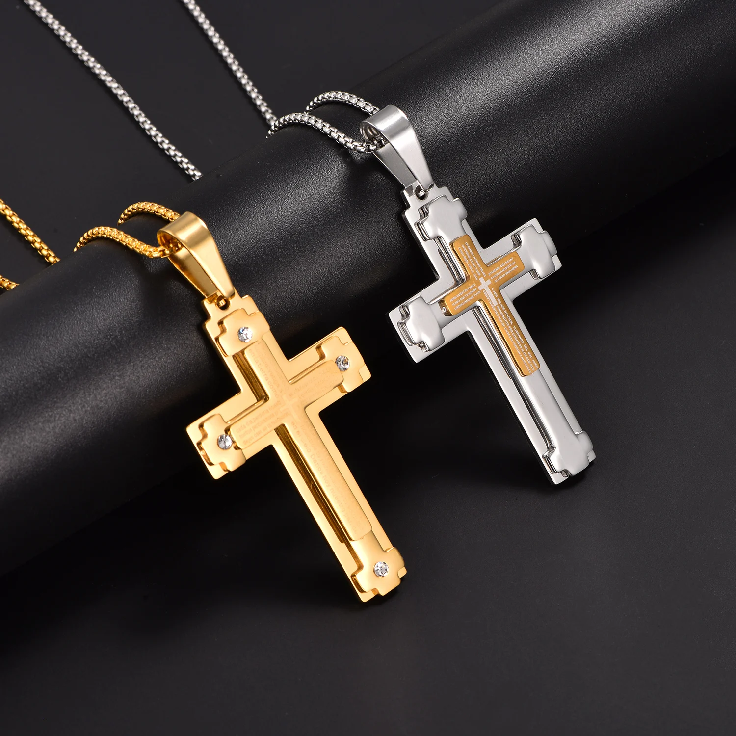 Jesus-Halskette für Männer aus Edelstahl mit Bibelkreuz-Anhänger, religiöser Zirkon-Charm-Schmuck, Gebets- und Taufgeschenk für Jungen und Männer – Detail 1