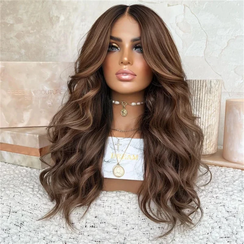 13x4 Free Part Ombre Brown Synthetic HD Lace Front Wig Small Large Size Cap Glueless Preplucked Hairline Soft Body Wave Wigs