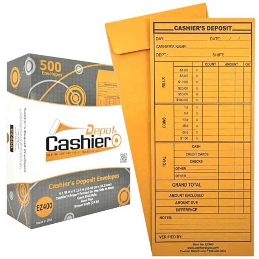

Cashier Depot EZ400 Cashier's Deposit Report Envelope 4 1/8" x 9 1/2" Sturdy 24lb. Brown Kraft Cash Drop Envelopes For Hotels R