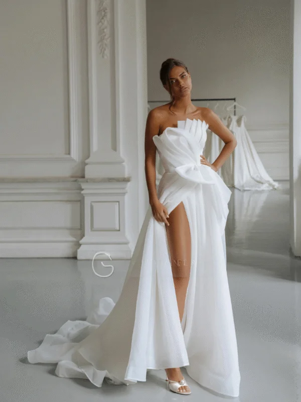 Abiti da sposa unici in organza increspata con linea A realizzati su misura 2026 Rode De Morrie