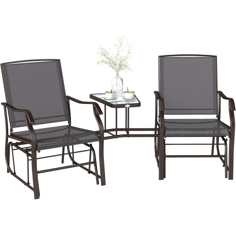 

Patio Glider Chair Set with Coffee Table, 2-Person Rocking Loveseat with Breathable Sling, Comfortable Outdoor Furniture Yar