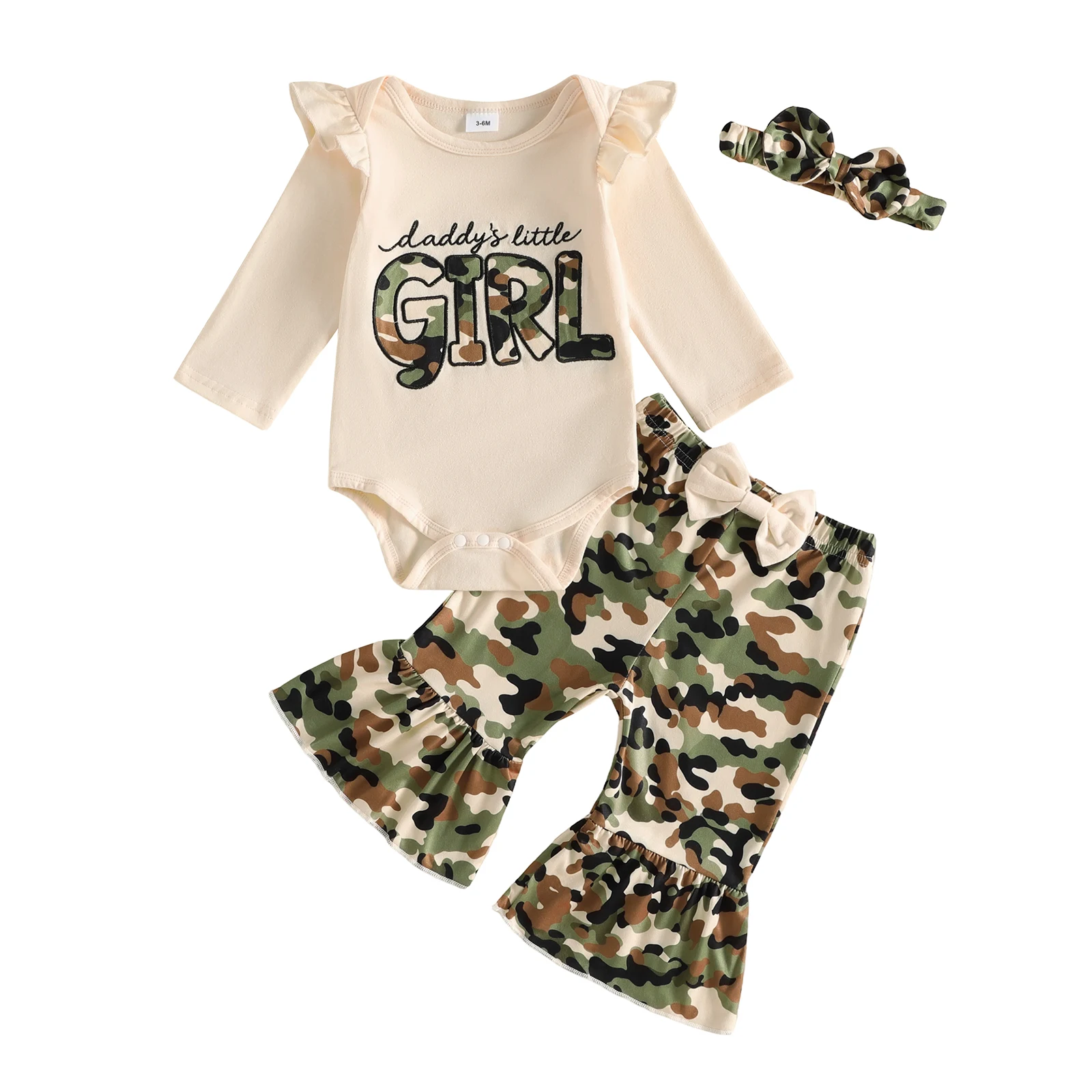 Baby Girl Fall Outfit Long Sleeve Romper with Camo Bell Bottom and Headband