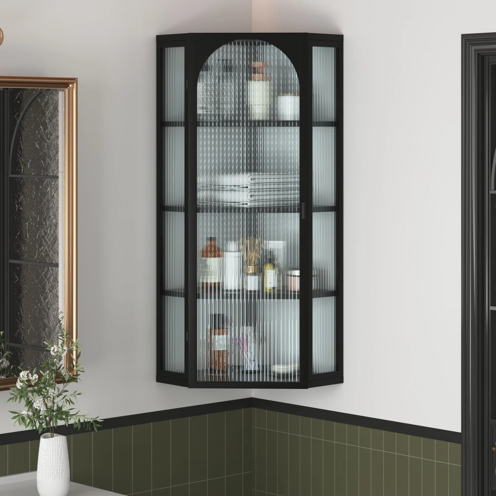 Mobile da parete triangolare in vetro trasparente nero, 105 cm, con quattro ripiani, non richiede pannello posteriore, mobile da parete per cucina e bagno, colore nero.