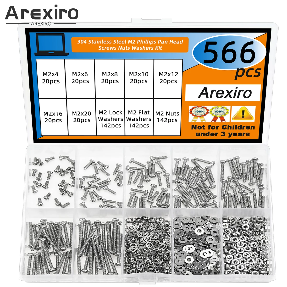 

566Pcs M2 Screw Nut Washer Set M2x4/6/8/10/12/16/20mm Phillips Flat Head Machine Screw Nut Washer Combo Kit 304 Stainless Steel