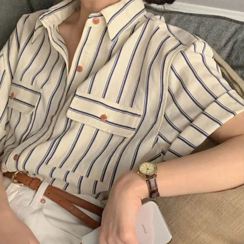 Summer Woman Clothes French Romantic Fashion Style Striped Pocket Casual Office Lady Preppy Style Short Sleeve Shirt Temperament
