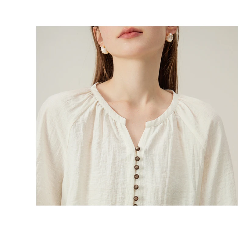 Fengbaoyu Natural Linen Ladies Shirt - Three-quarter Sleeve V-Neck Top - Elegant and Chic French Casual Shirt - Comfortable