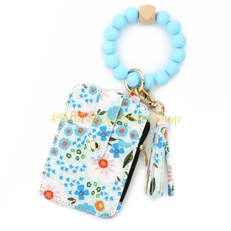 49MD Women's Boho Beaded Wallet with Flower Pattern, Women Boho Beaded & Tassel Decorated Keychain, Credit Card Holder Purse