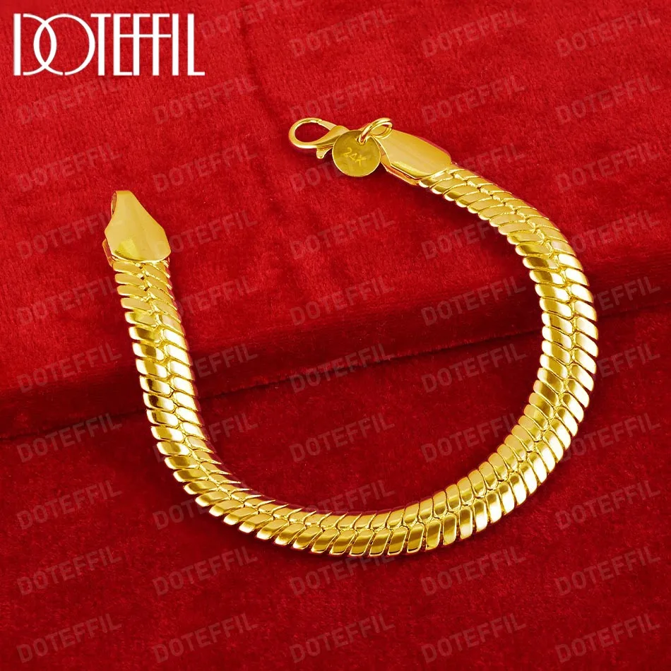 DOTEFFIL 18K Gold 10mm Side Snake Chain Bracelet For Man Women Wedding Engagement Party Fashion Jewelry