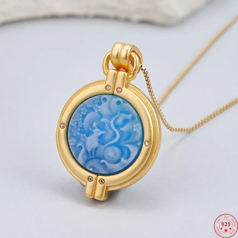 

Подвеска из стерлингового серебра 925 пробы для женщин и мужчин, рельефный синий агат с девятью хвостами, узор камеи, позолоченный шарм, модные ювелирные изделия, оптовая продажа