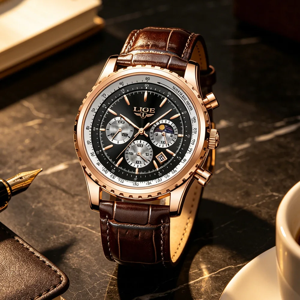 

LIGE Luxury Men Watch Waterproof Luminous Calendar Chronograph Sports Man Wristwatch Leather Men's Quartz Watches Male Reloj