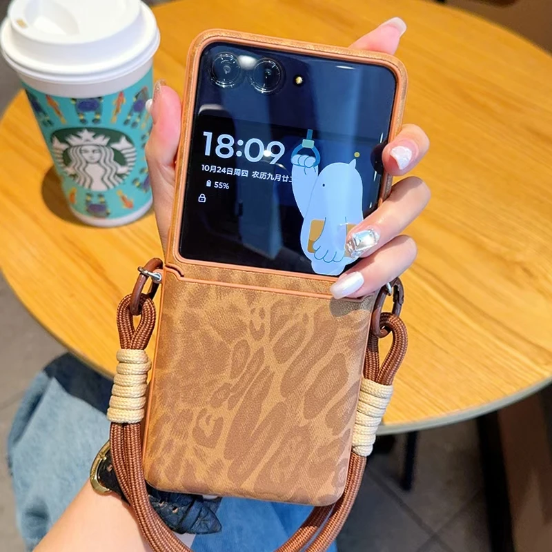 Matte Leopard Pattern PU Leather Case For Motorola RAZR 60 50 Ultra Plus RAZR2025 2024 Hinge Armor Back Cover Shell + Strap