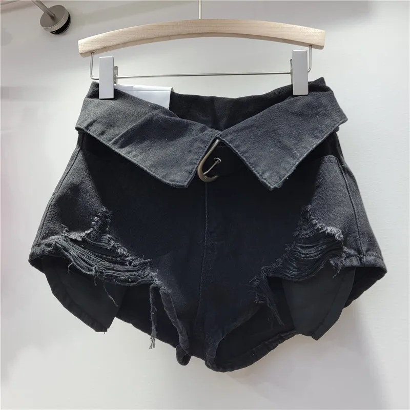 Imagem -06 - Jeans Curtos Retrô Esfarrapados para Mulheres Cintura Alta Emagrecedor e Perna Larga Estilo Hot Girl Shorts Pretos com Botas Primavera e Verão 2023