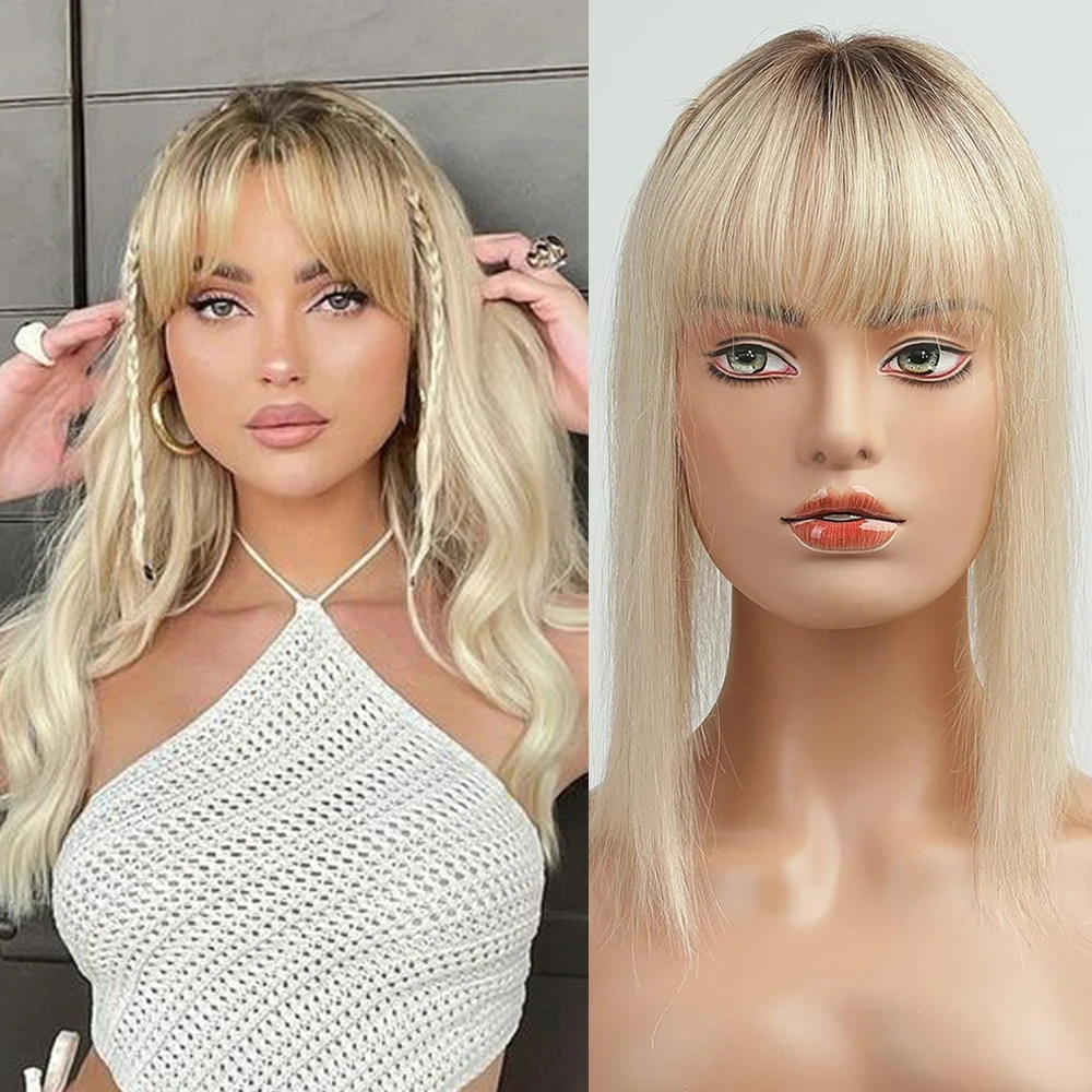 Hair Toppers for Women Blonde Ombre Real Human Hair Toppers Clip in HairPieces for Thinning Hair Remy Straight Topper with Bangs