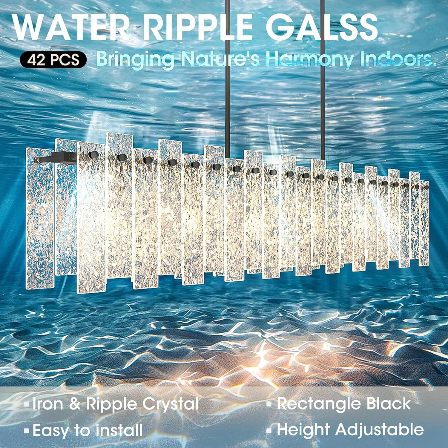 ثريا كريستالية طويلة من الزجاج لغرفة الطعام وطاولة المطبخ وأضواء السقف الخطي المستطيلة مع زجاج تموج الماء