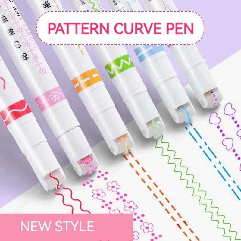 6Pcs/set Kawaii Flowers Line Shaped Highlighter Pens Roller Tip Curve Liner Marker for Writing Journaling Drawing Stationery