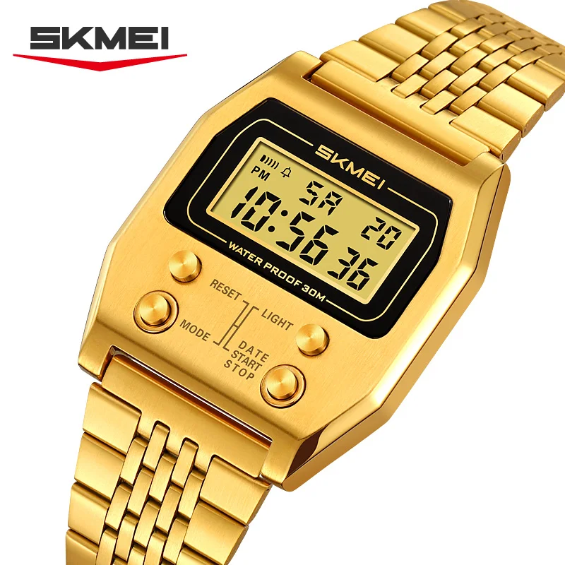 SKMEI 2460 Mens Sport Stainless Steel Fashion LED Electronic Alarm Waterproof Digital Wristwatches Watch for Men Reloj Hombre