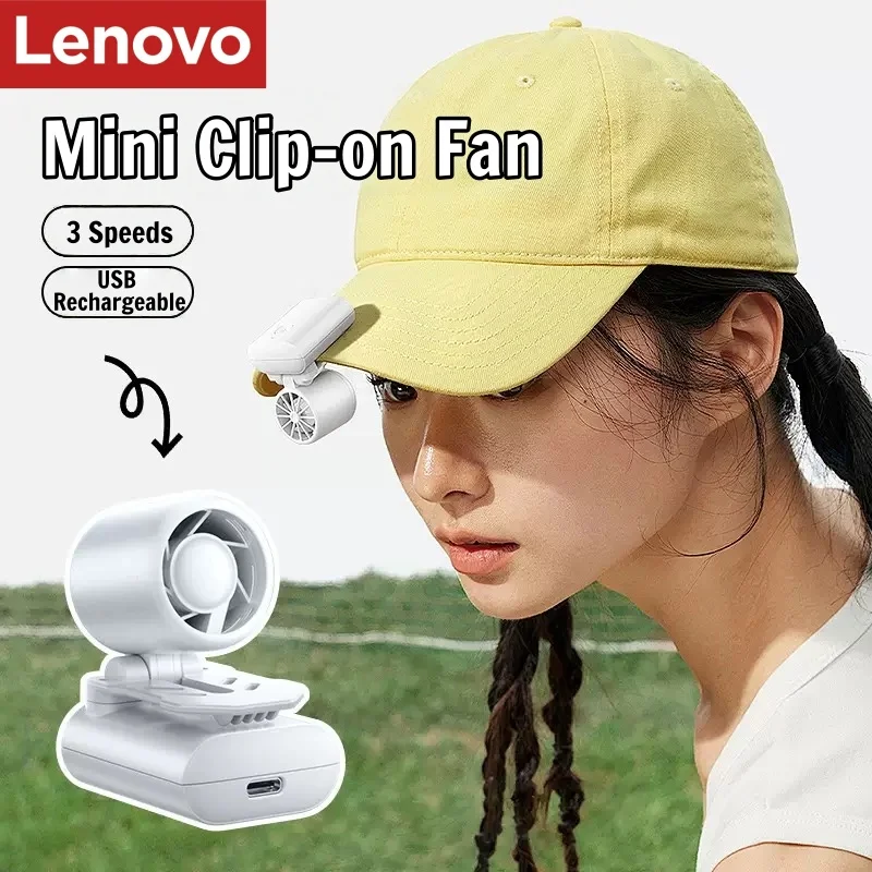 Lenovo USB Rechargeable Mini Fan, Portable Foldable Handheld Clip on Fan for Hat, Outdoor Cooling 3 Speeds Travel Camping Fan