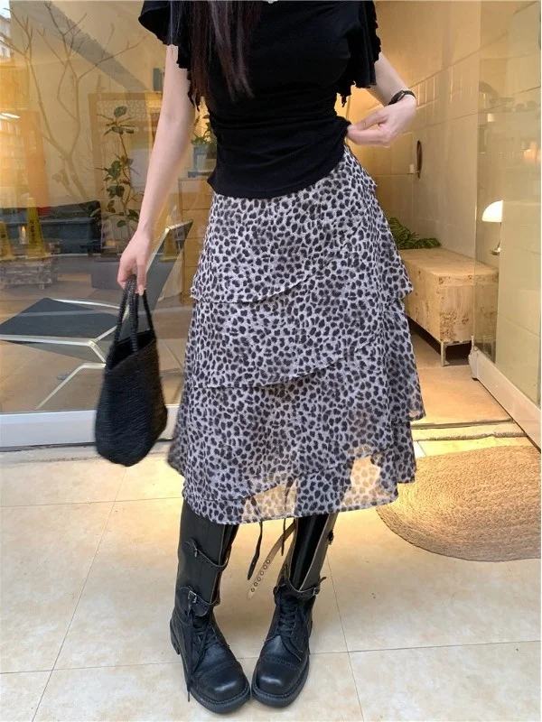 

plus Size Retro Leopard Print Half Skirt High Waist Slimming Versatile Asymmetrical Summer New Style Korean Style Frock Skirt