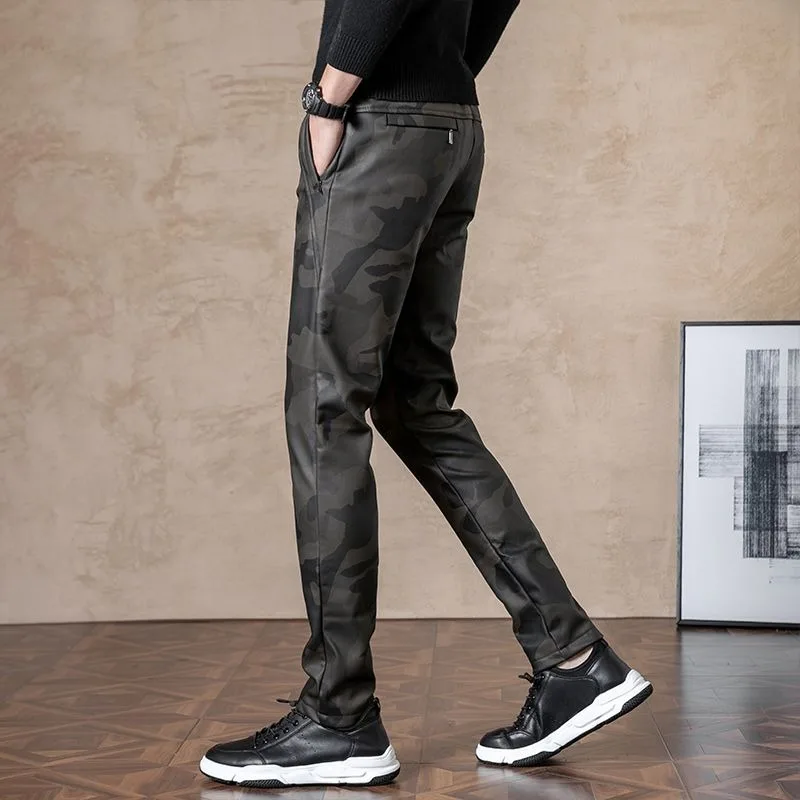 Leather Pants Men Winter Elastic Waist High Waist Casual Slimming Waterproof Windproof Military Pants Leather Cargo Pants Male