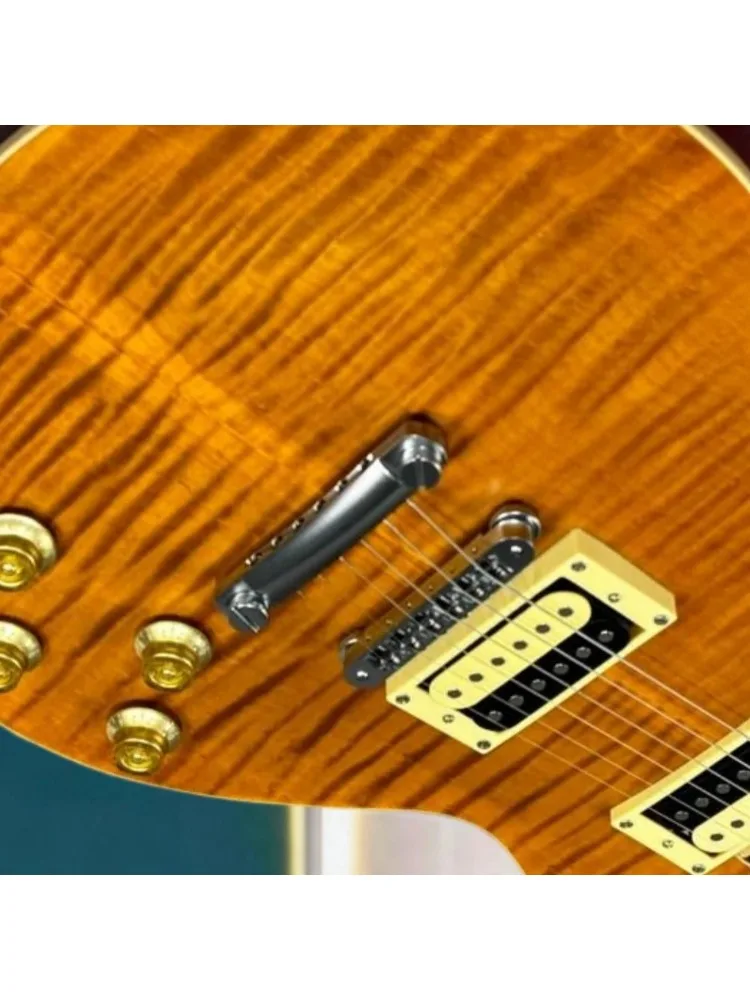 Hot Amber Tiger Flame LPQW Style E-Gitarre mit Dual Humbucker, geflammter Ahorn-Decke und Block-Bund-Einlagen – Rockgitarre – Kostenloser Versand