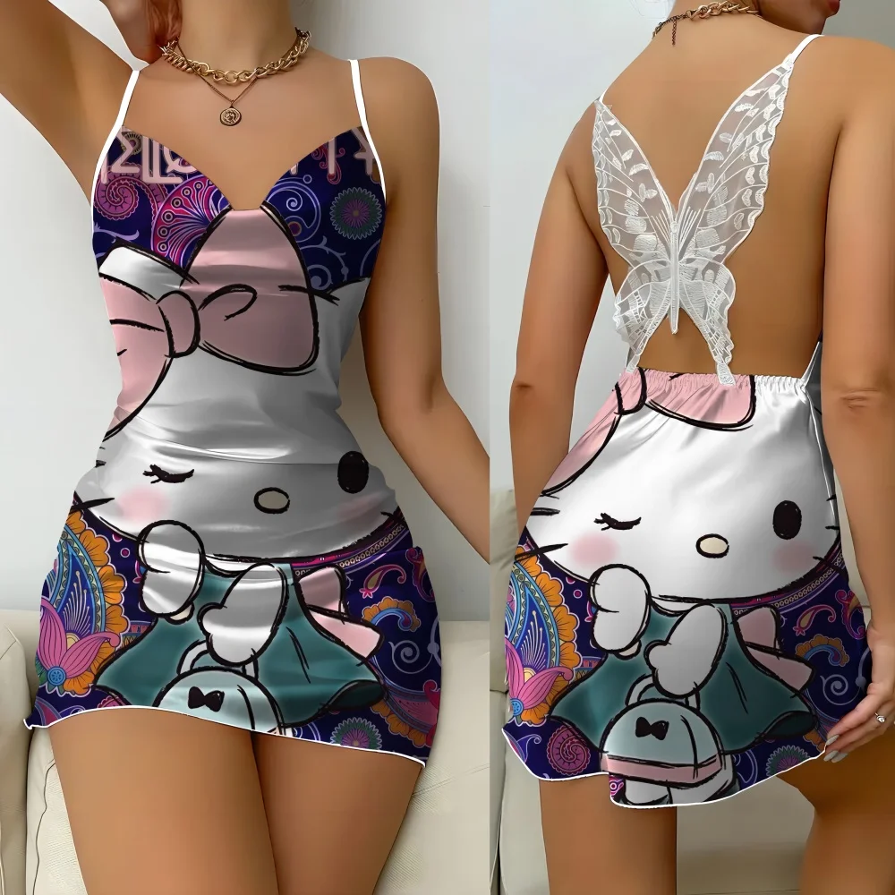 2024 Summer New Sexy Women's Pajamas Hello kitty Cartoon Pattern Fashion Back Butterfly Hollowout Design Female Sleeping Dress