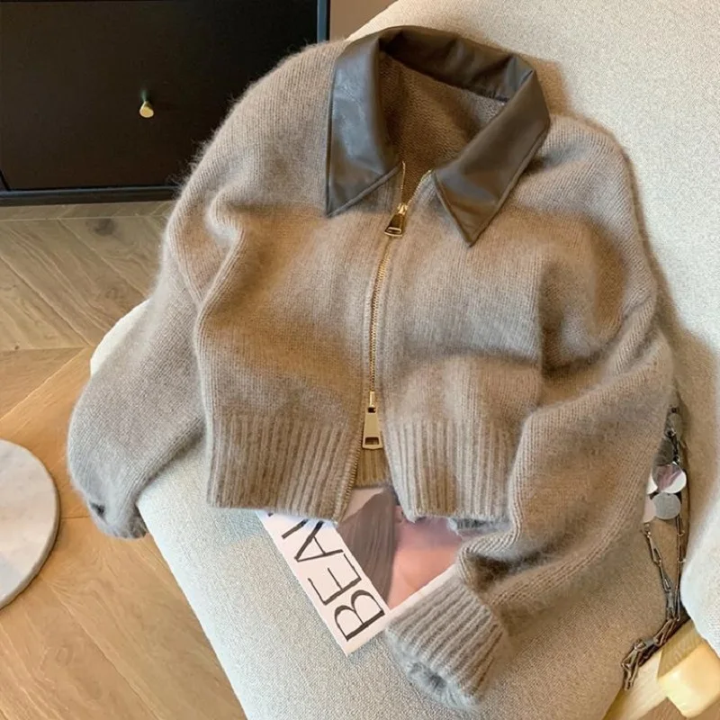 

Early Autumn Leather Polo Collar Small Fragrant Zipper Sweater Knitted Cardigan Coat Tops Female Patchwork Leather Collar Zipper