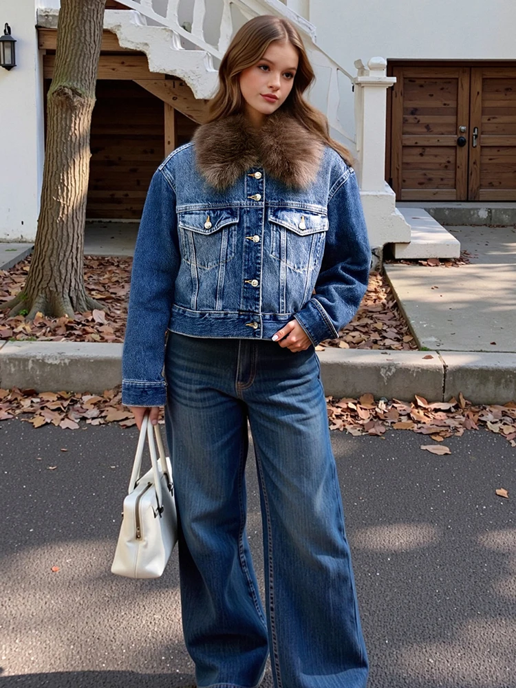 

HH Fashion Women's Patchwork Denim Jacket 2025 Female Long Sleeve Single Breasted Pocket Flap Faux Fur-Effect Collar Short Coat