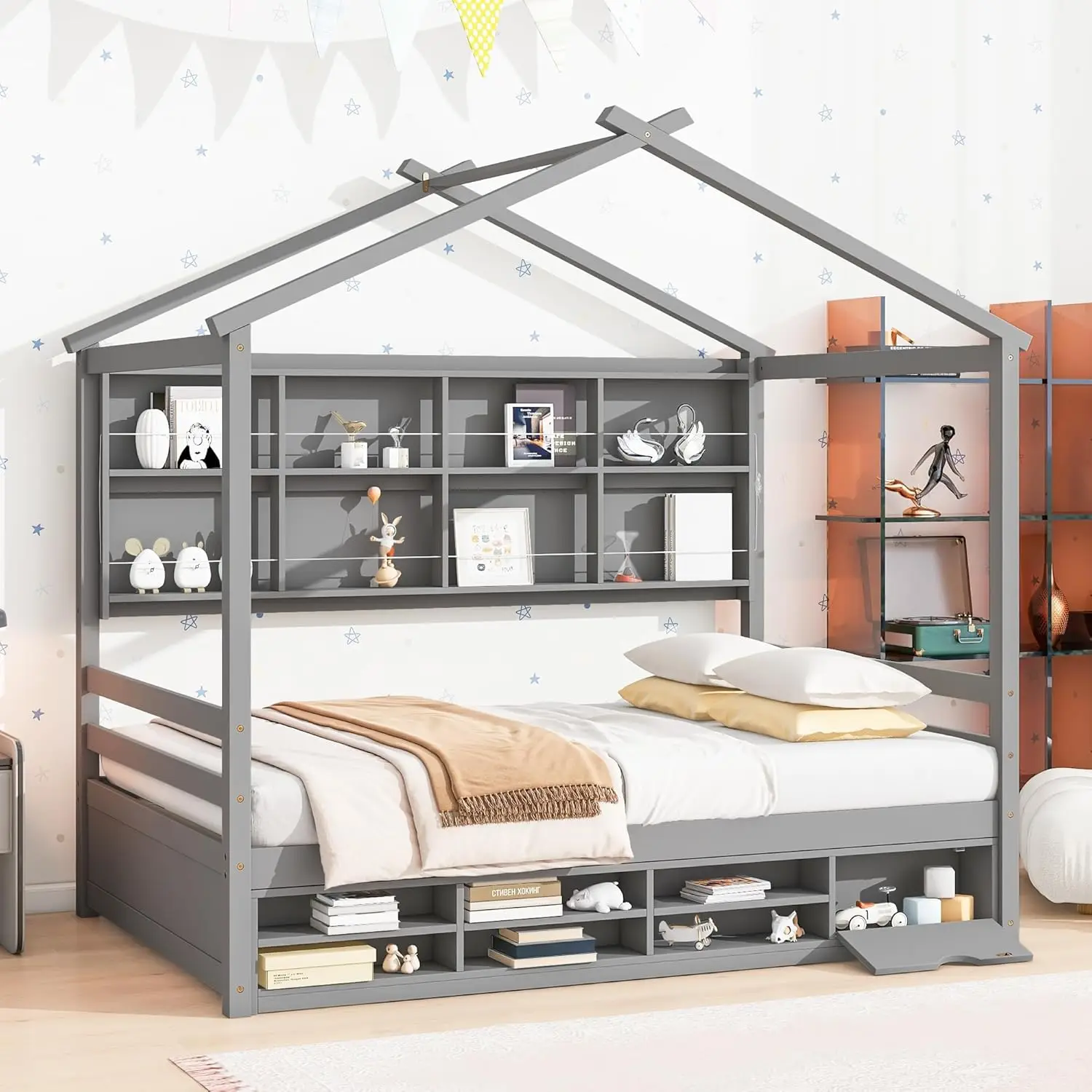 Full Size House Platform Storage Bed With Roof Frame, Under Bed Shelving Storage Unit, Daybed With Small Cabinet For Kids Teens