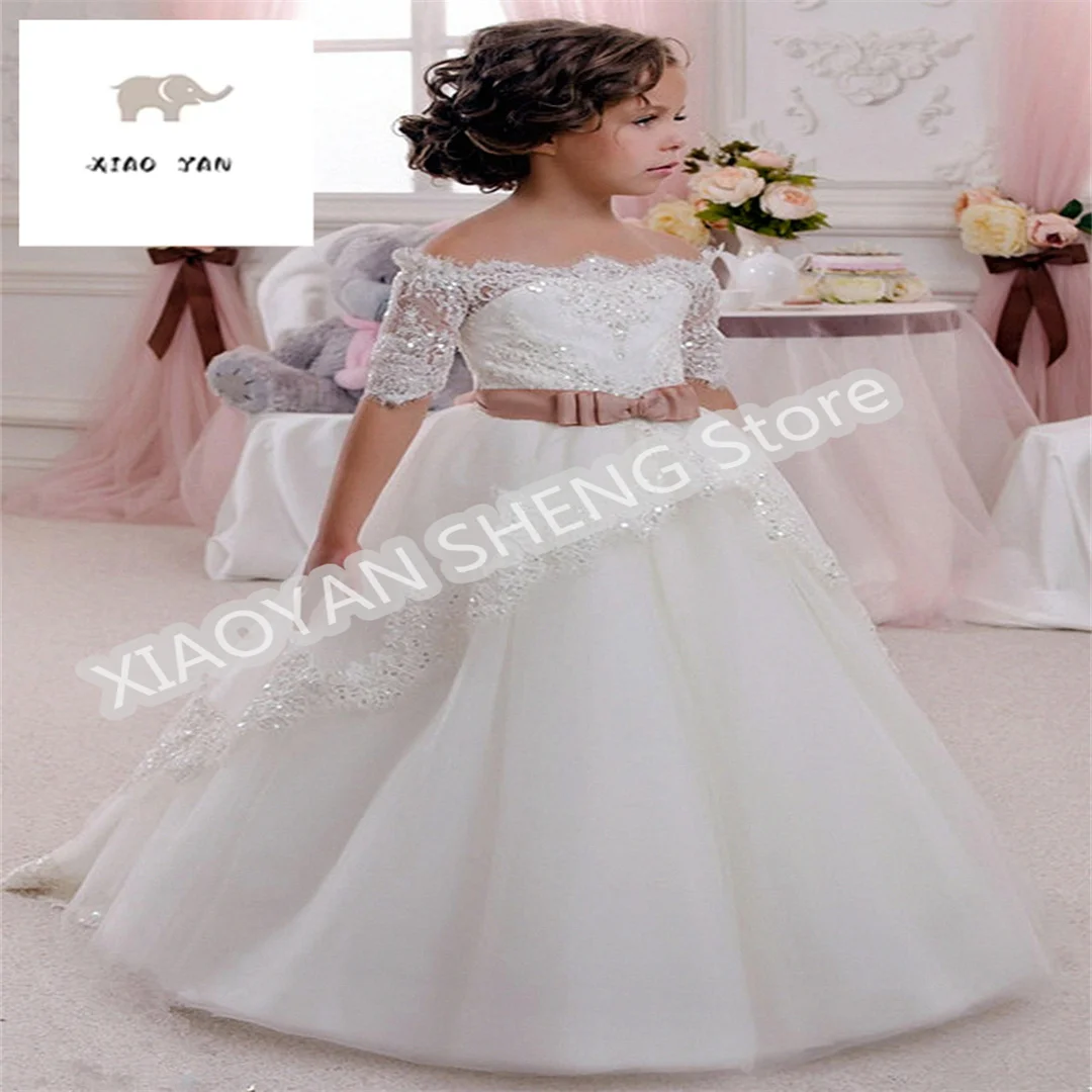 Lace Decal Tulle Bow Princess Flower Girl Dresses Wedding Party Ball First Communion Dresses Dream Kids Birthday Gift