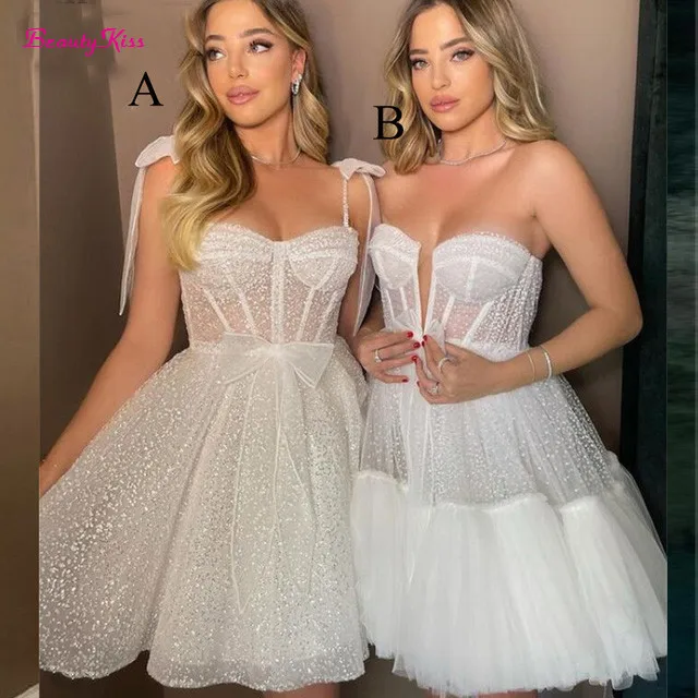 Shiny Dotted Tulle A-Line Short Wedding Dresses Sweetheart Straps Bones Princess Bride Party Prom Gowns Vestidos 2026