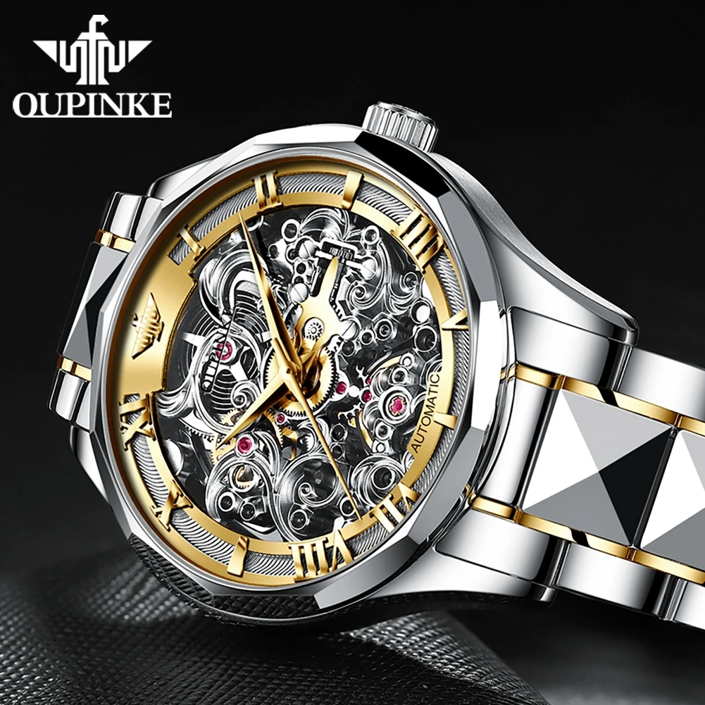 

OUPINKE Luxury Classic Business Skeleton Mechanical Watch Tungsten Steel Deep Waterproof Luminous Watches For Man 3168