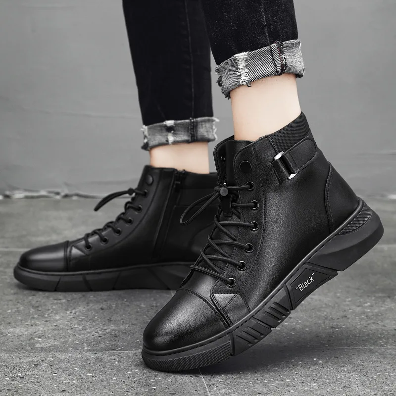 Fashion Men Leather Shoes Outdoor Waterproof Platform Boot Men Boots Luxury Designer High Top Motorcycle Boots Zapatillas Hombre