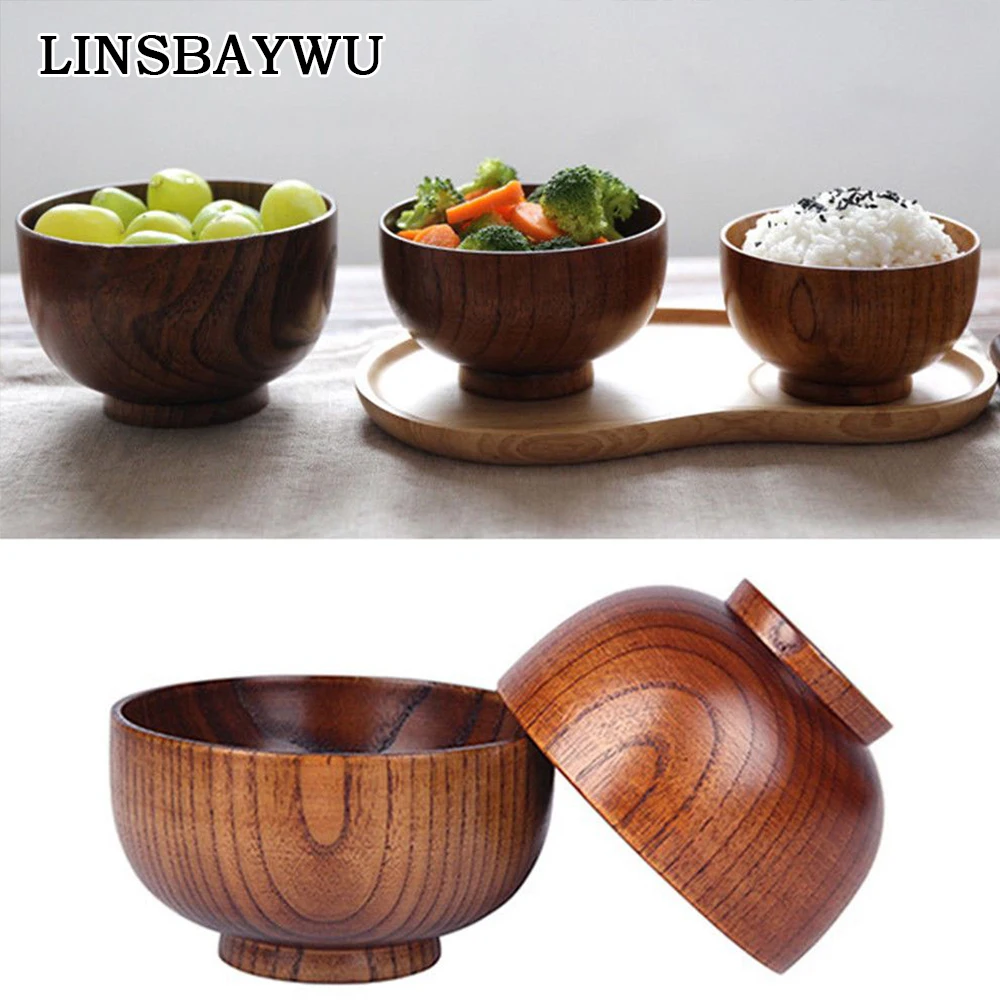 Japanese Style Wooden Bowl Soup/Salad Rice Bowls Natural Wood Tableware 1pcs