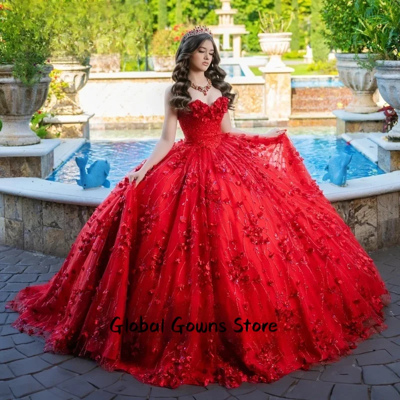 

Modern Sleeveless Quinceanera Dresses for Girl Appliques Sweetheart Sequined Tulle Robe Quinceanera Rouge Customized