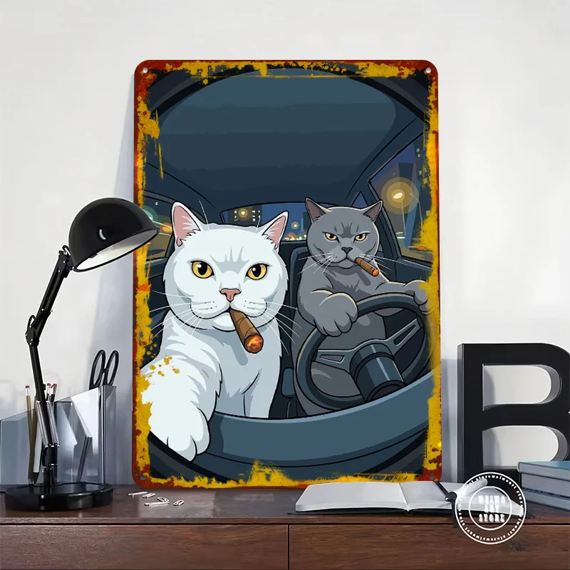 Cats Driving Smoking Cigars Car Tinplate Poster Custom Wall Art Vintage Metal Signs Retro Tin Plaque for Gamer Room Decoration