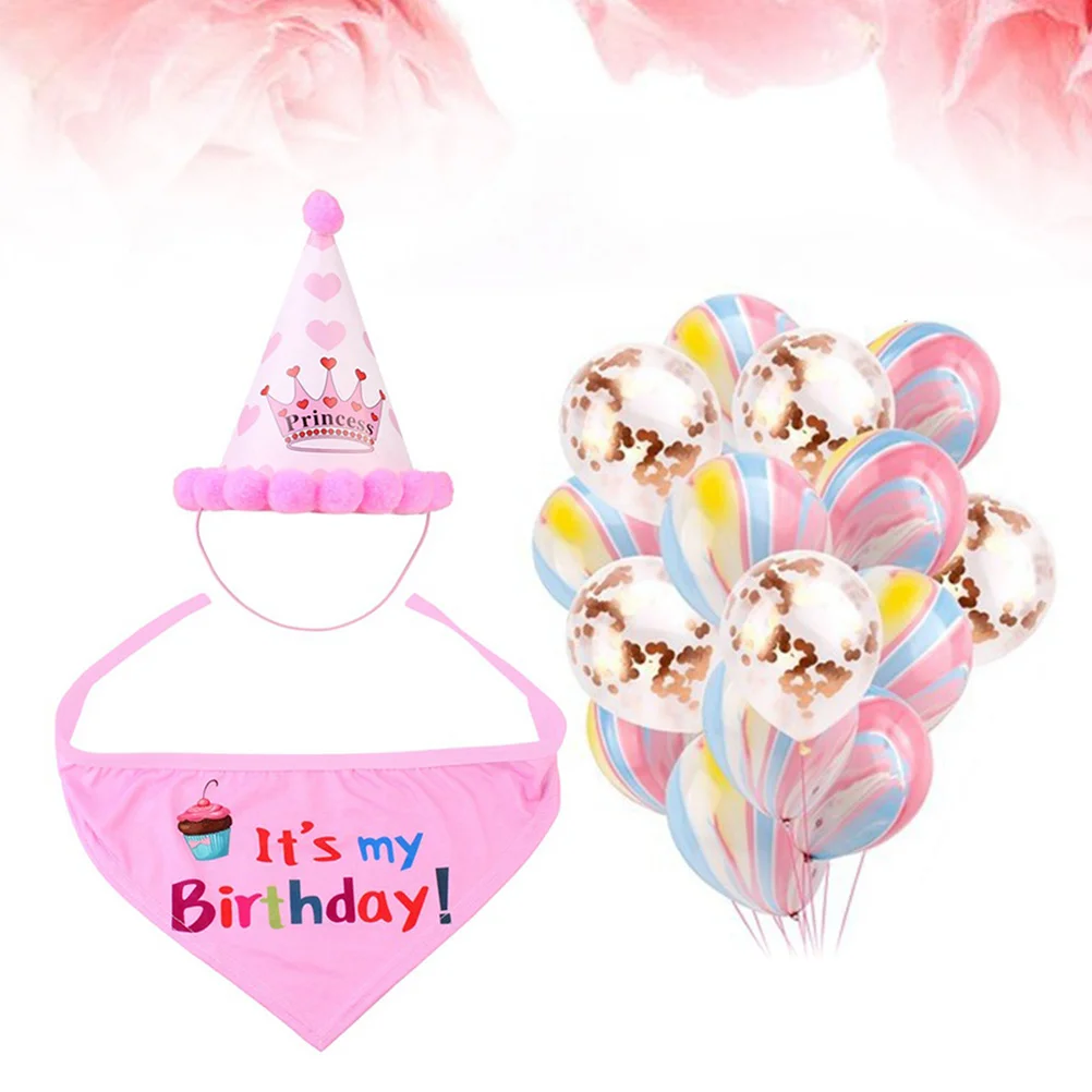 

1Set Pet Birthday Hat Bib Set Pink Cloud Rose Gold Confetti Balloons Cute Party Supplies for Dog Puppy Celebration Decoration