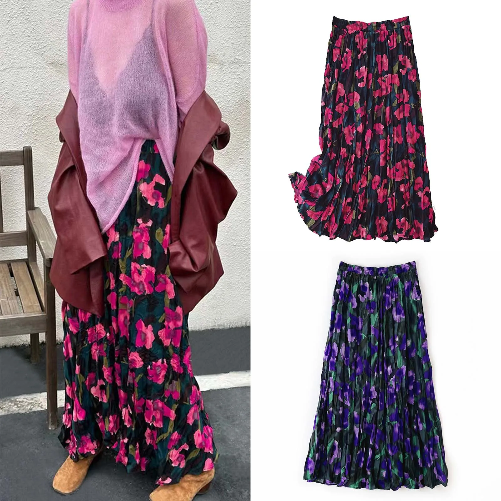 

Women‘s Vantage Printed Pleated Long Skirt 2024 Summer New Casual Skirts Flower Elastic High Waisted Elegant Female Skirt