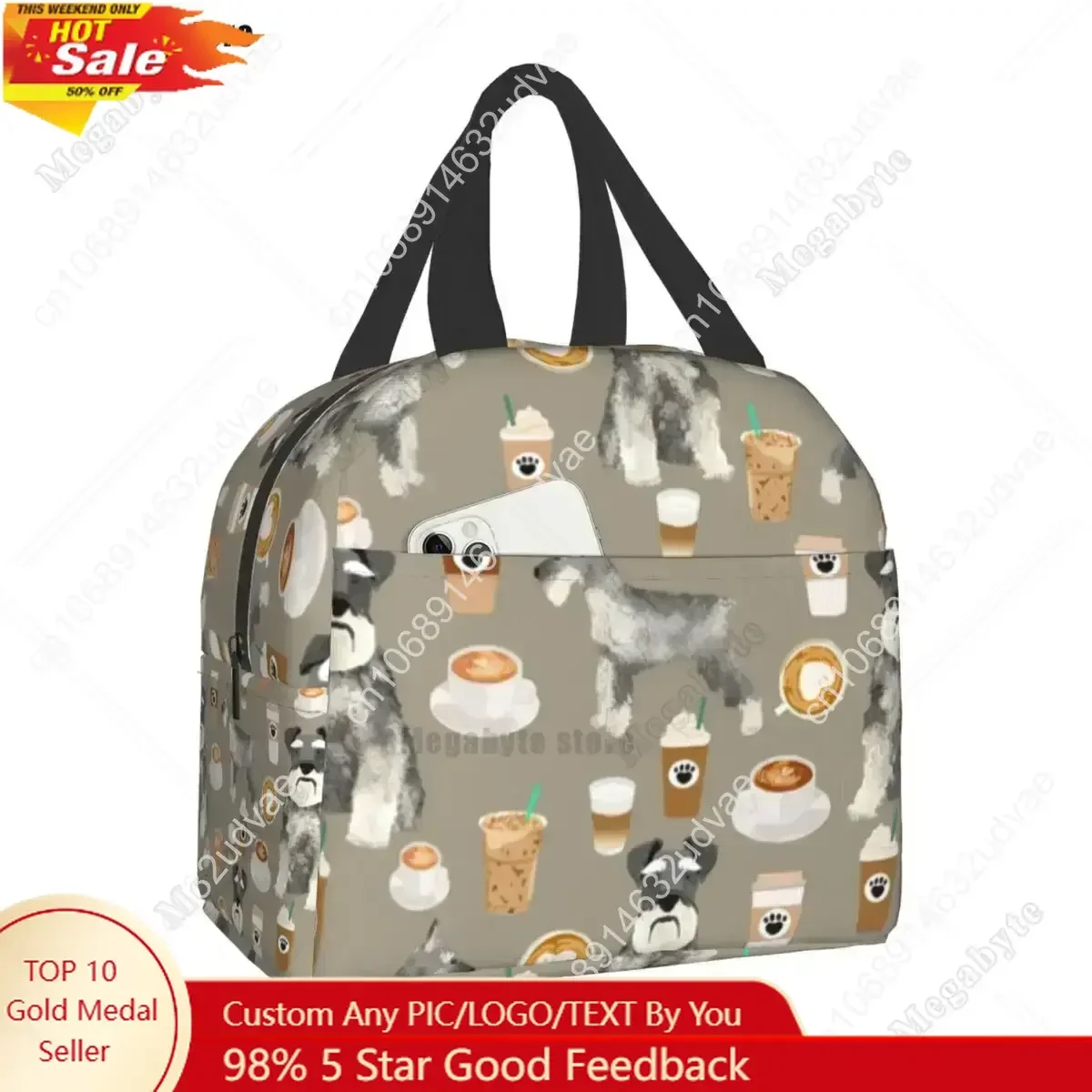 Schnauzer Coffee Dog Breed Pet Art Pure Breed Cafes Insulated Lunch Bag for Women Leakproof Cooler Thermal Bento Box