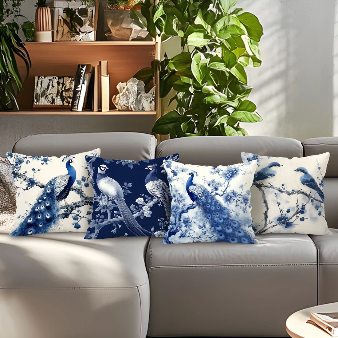 Porcelain Style Peacock Pillowcase Printed Polyester 45x45cm Throw Pillowcover Decorative Sofa Cushion Pillowslip Home Decor