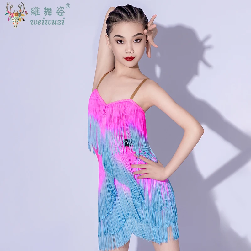 Girls Latin Dance Competition Dress Kids Cha Cha Rumba Samba Dance Performance Gradual Change Fringe Dress Practice Dancewear