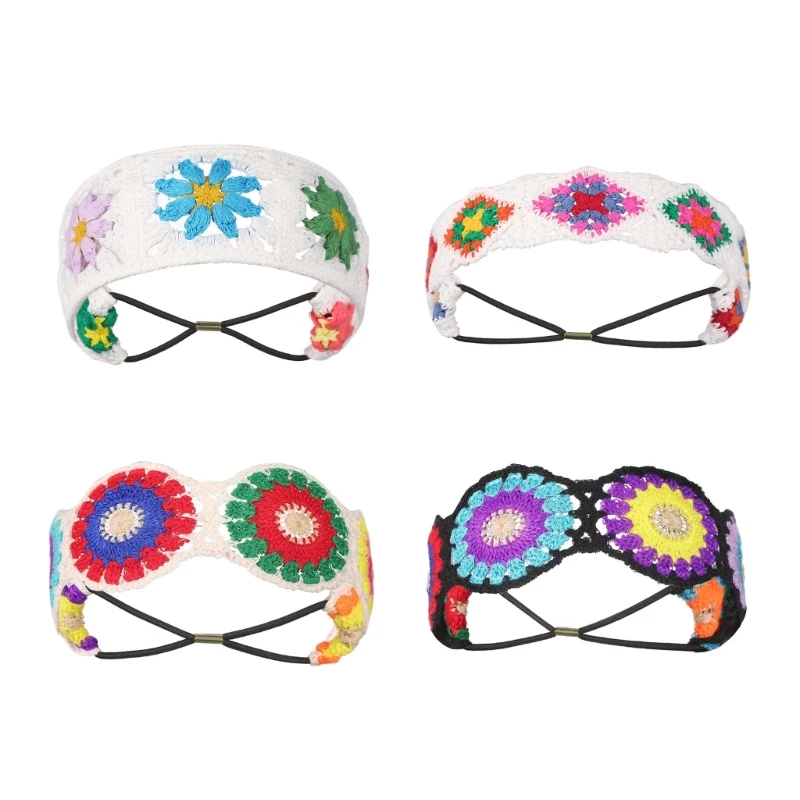 Crochet Turban Woman Headband with Flower Pattern Camping Sunproof Kerchief DXAA