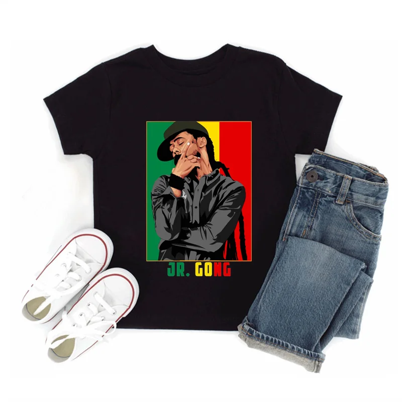 Jamaica Singer Bob Marley Reggae Rastafari Print Kids T shirt Baby Girls Clothes Summer Children Tops Cotton Black Boys T-shirts