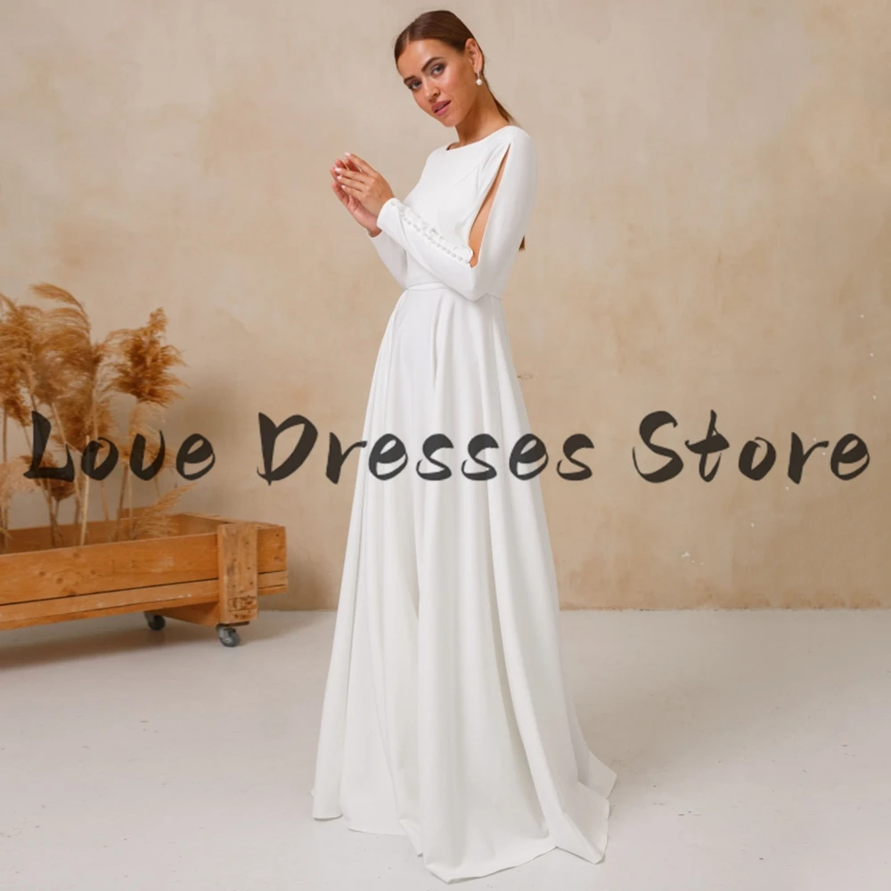 Weilinsha simples a linha vestido de casamento branco puro senhoras o-pescoço andar comprimento jérsei vestido de noiva de manga longa com cinto personalizado