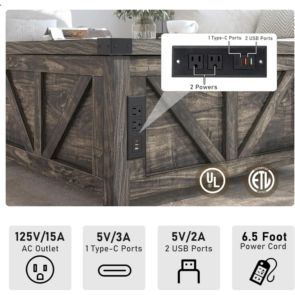 Boerderij salontafel met hefblad en opbergruimte, houten vierkante middentafel met laadstation en USB-poorten, woonkamer centraal