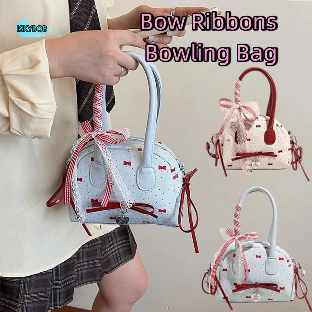 

Trendy French Style Bow Ribbons Bowling Bag Elegant Lace Ribbon Boston Shoulder Bag Casual PU Leather Women Handbags Daily