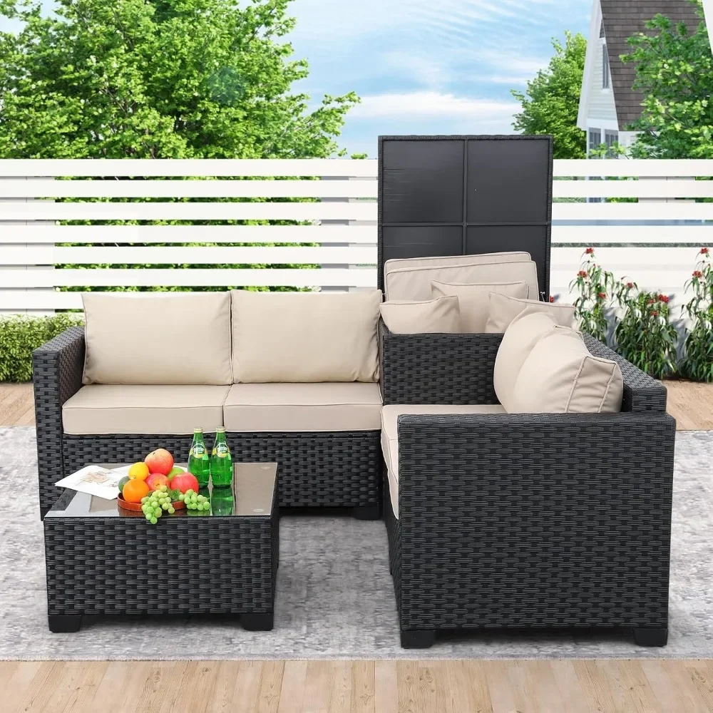 4 Piece Rattan Sectional Conversation Couch Set with Storage Box Glass Top Table and Anti-Slip Cushion, PE Wicker Furniture Set